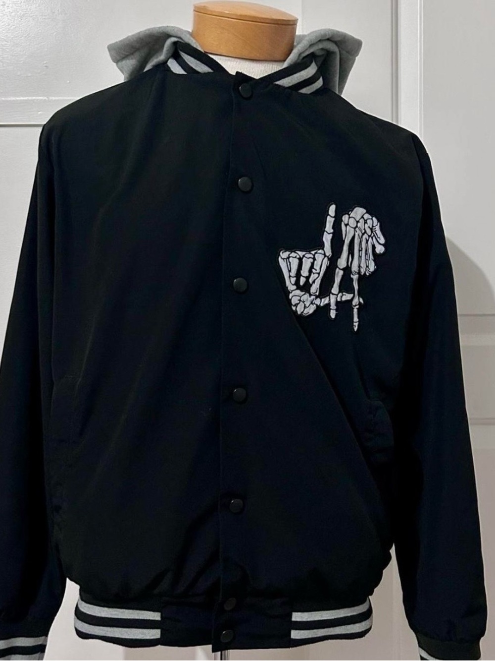 Original Deluxe Supply Black Hooded Varsity Bomber Jacket Skeleton LA Men's S